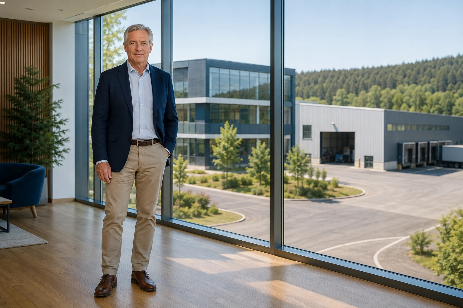 Erfahrener Eigentümer im Hauptsitz mit Bürotrakt, Produktionshalle und Logistikgebäude im Hintergrund